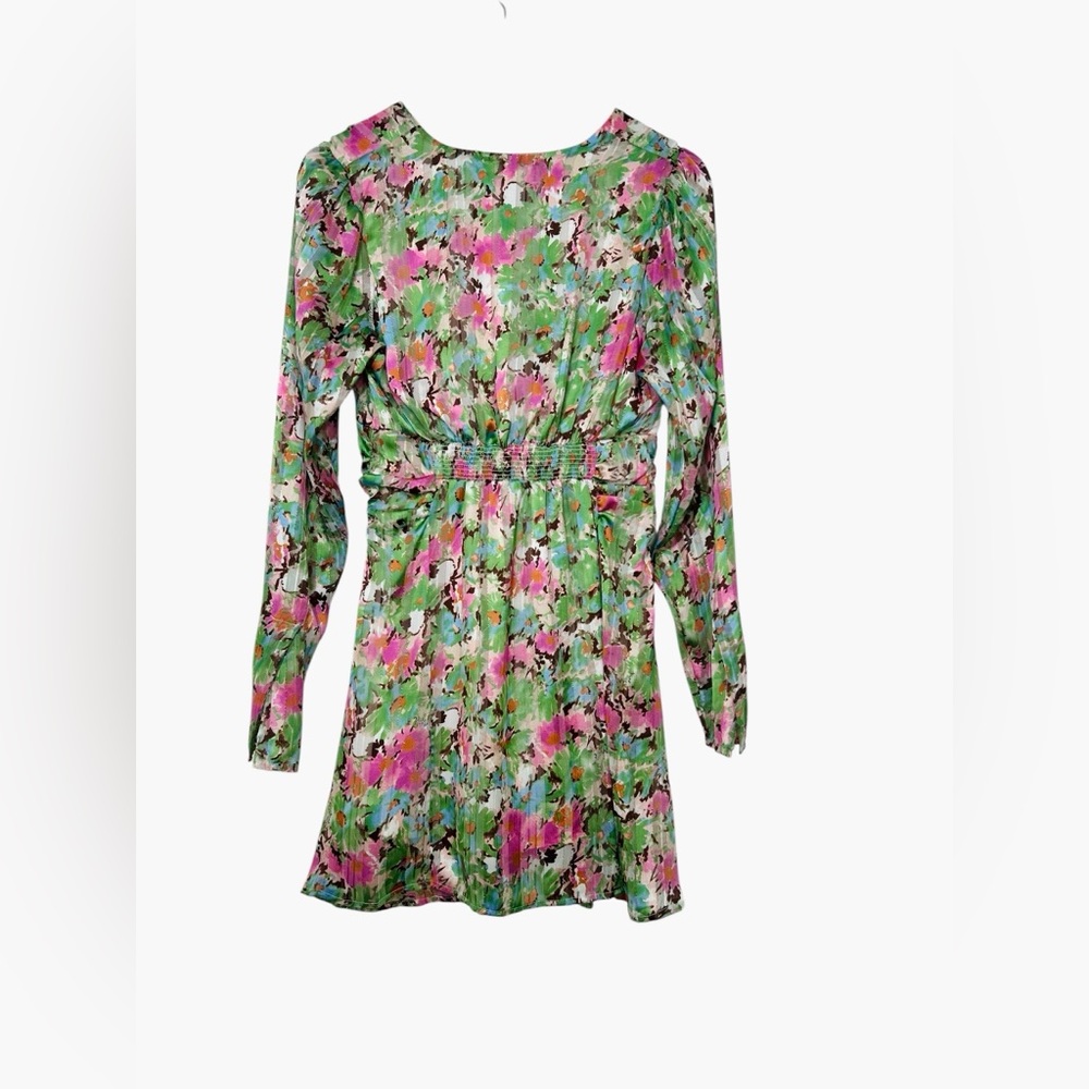 Fanco Watercolor Floral Button Up Long Sleeve Mini Dress Ruched Flare Medium - Picture 9 of 10